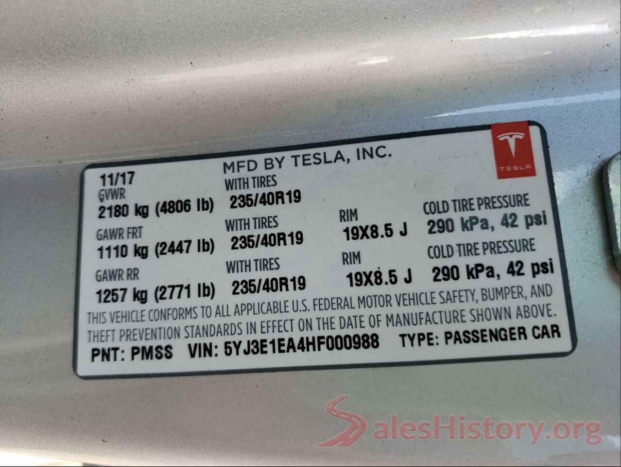 5YJ3E1EA4HF000988 2017 TESLA MODEL 3