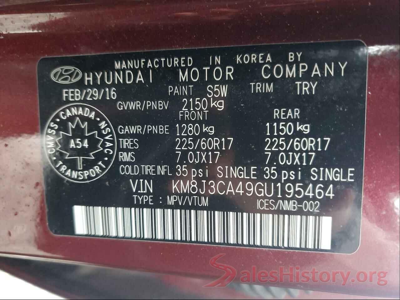 KM8J3CA49GU195464 2016 HYUNDAI TUCSON