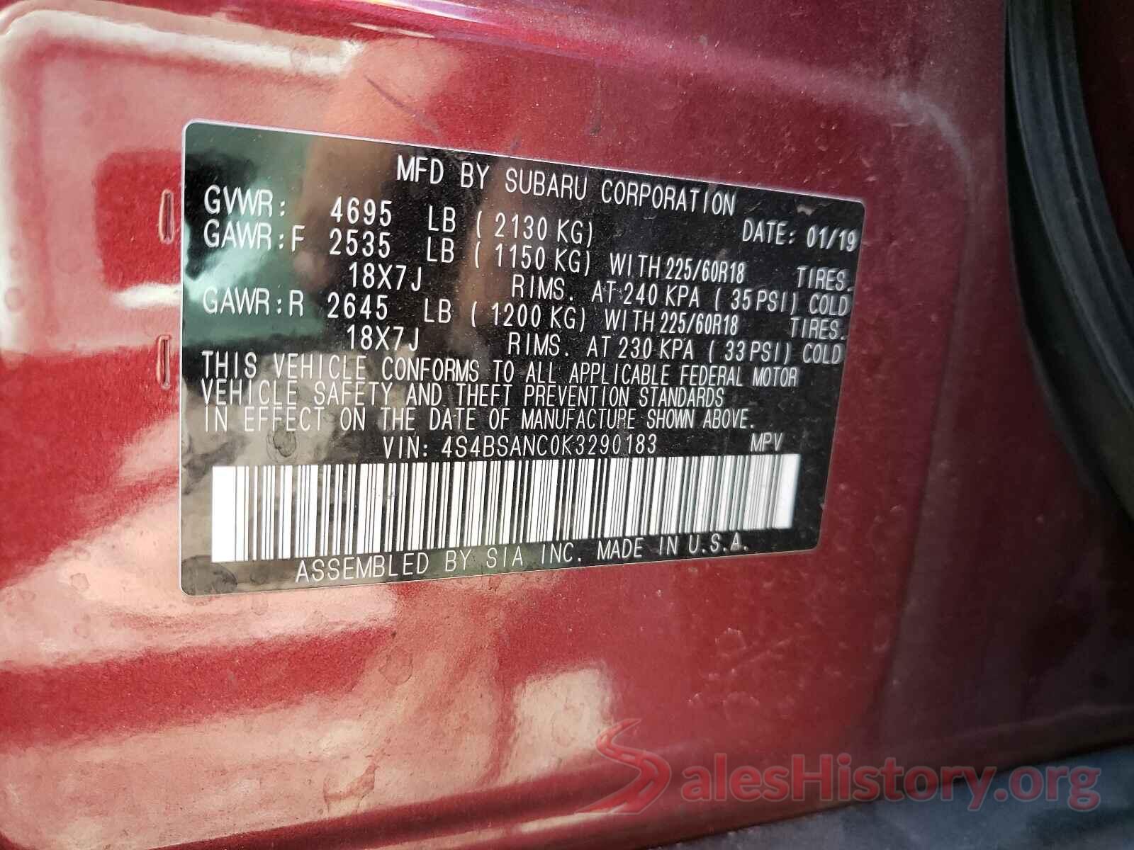 4S4BSANC0K3290183 2019 SUBARU OUTBACK