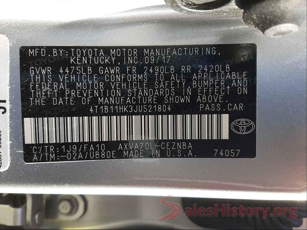 4T1B11HK3JU521804 2018 TOYOTA CAMRY