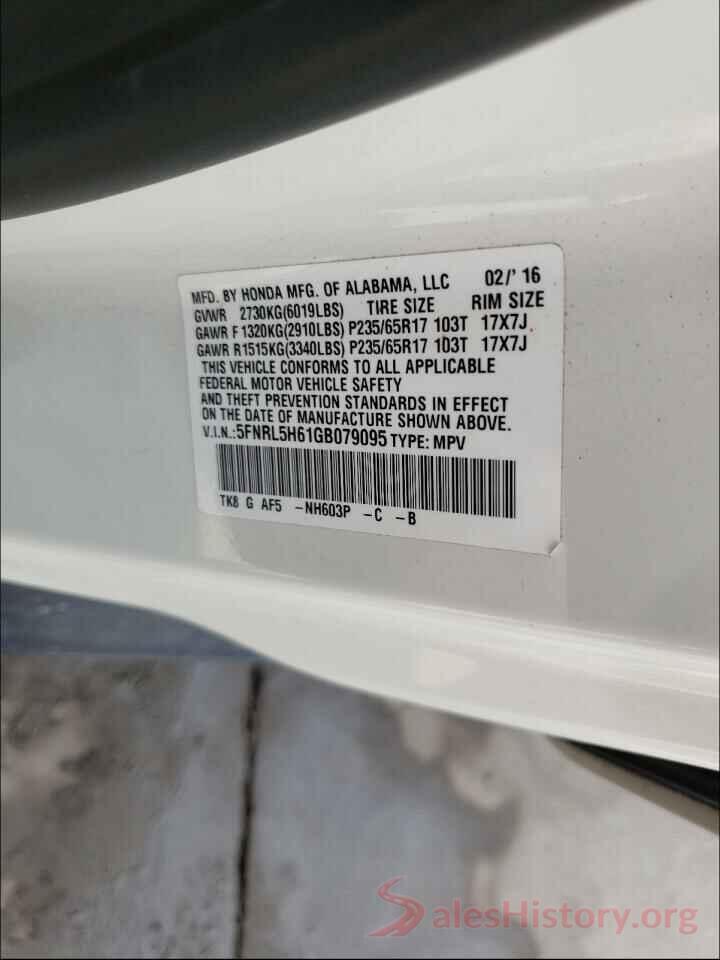 5FNRL5H61GB079095 2016 HONDA ODYSSEY