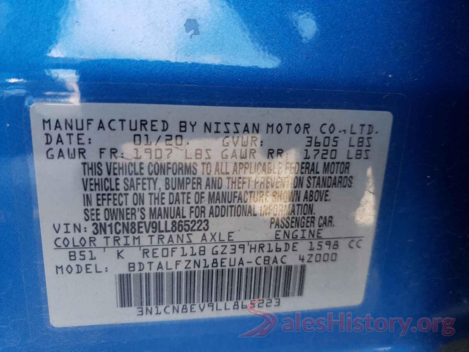 3N1CN8EV9LL865223 2020 NISSAN VERSA