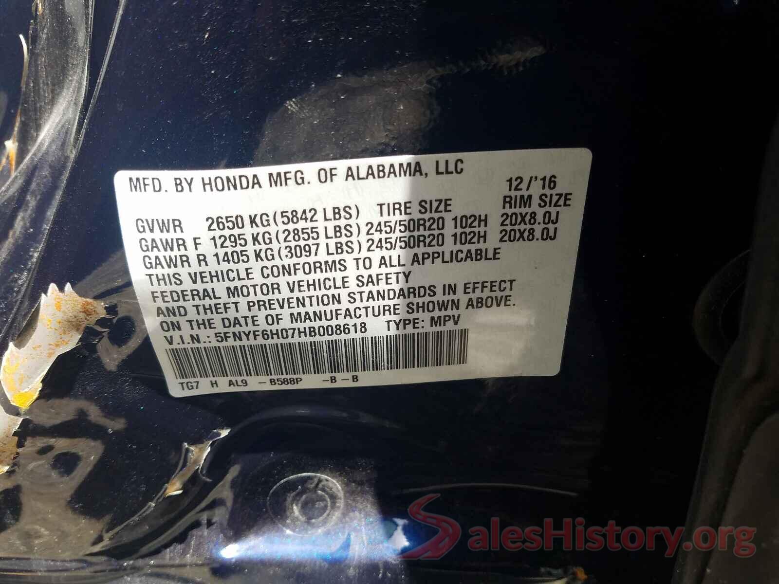 5FNYF6H07HB008618 2017 HONDA PILOT