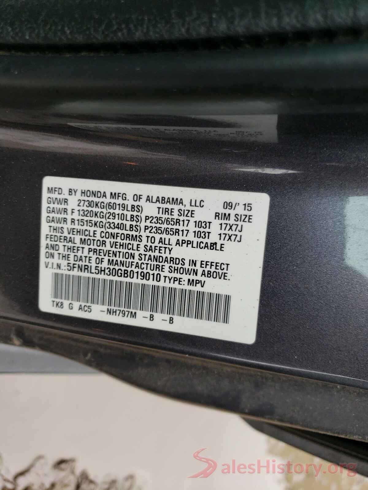 5FNRL5H30GB019010 2016 HONDA ODYSSEY