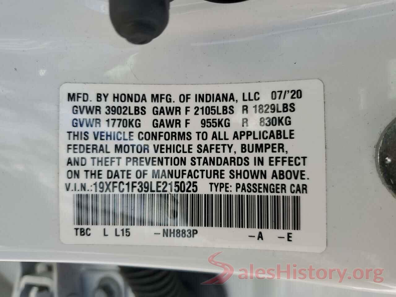 19XFC1F39LE215025 2020 HONDA CIVIC