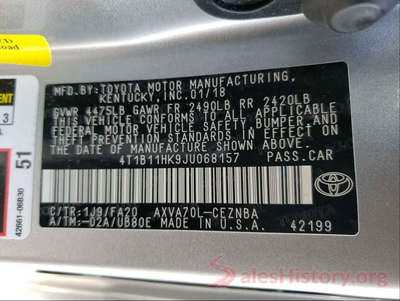 4T1B11HK9JU068157 2018 TOYOTA CAMRY