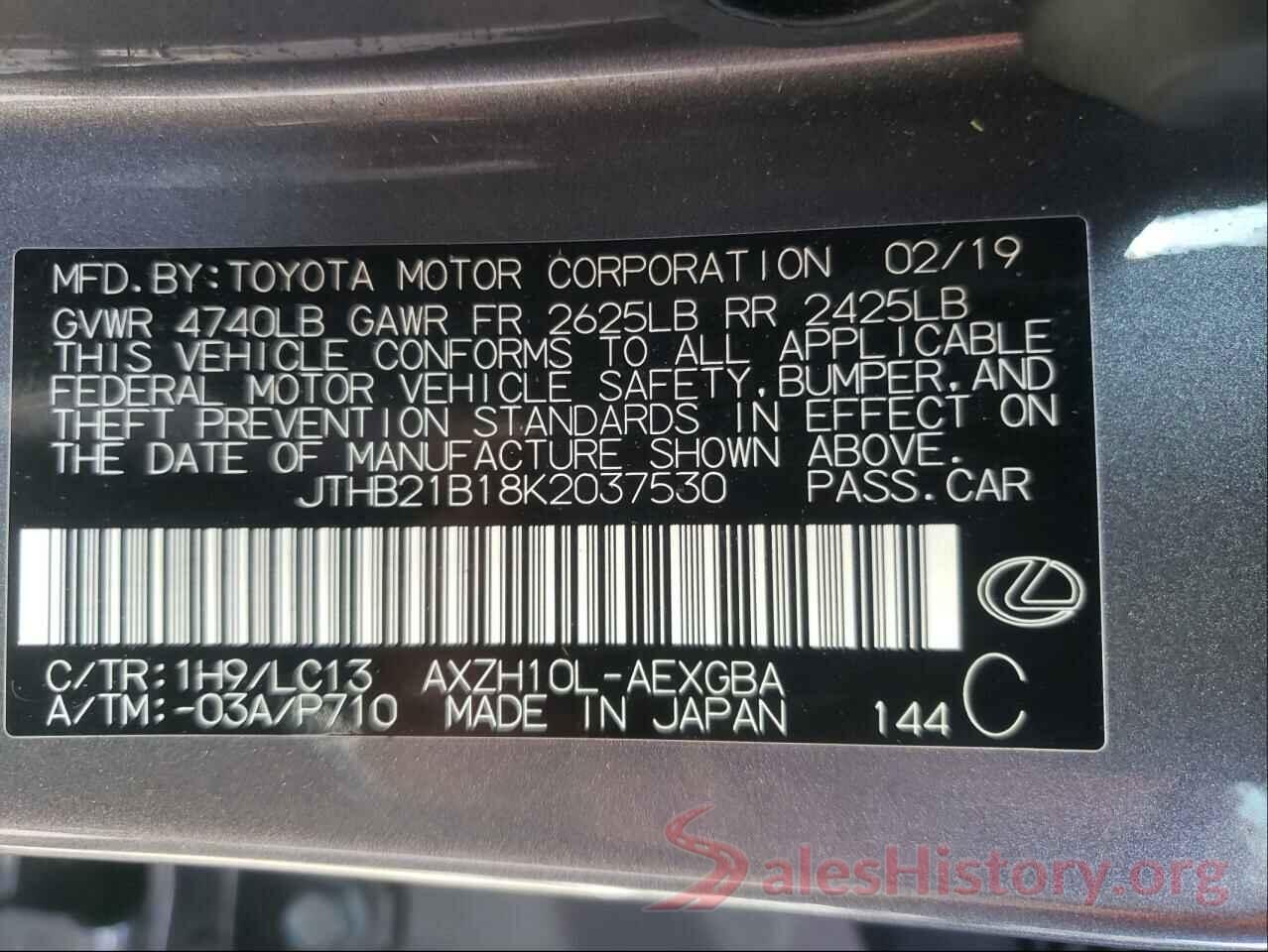 JTHB21B18K2037530 2019 LEXUS ES300