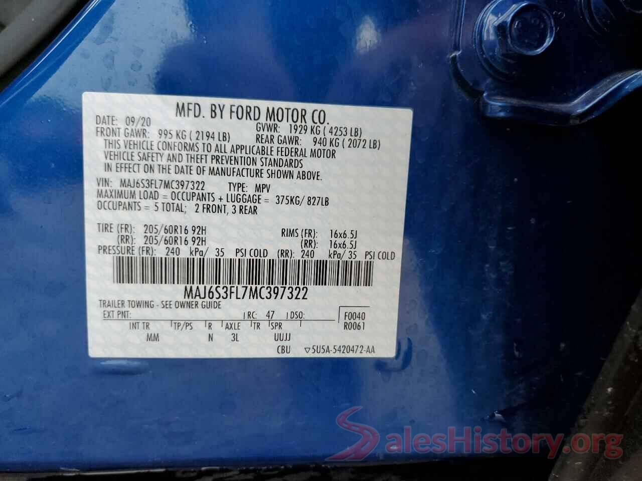 MAJ6S3FL7MC397322 2021 FORD ECOSPORT