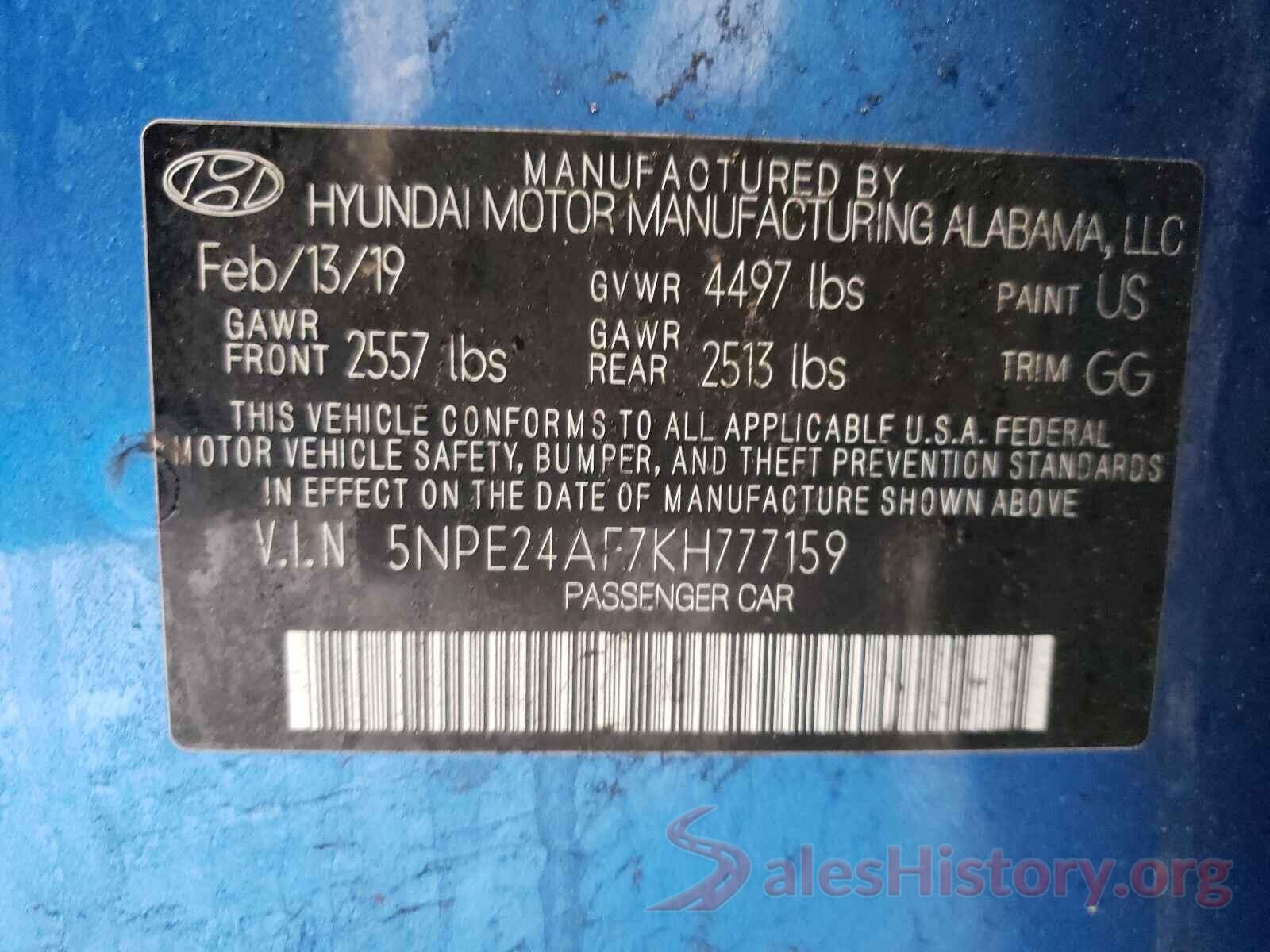 5NPE24AF7KH777159 2019 HYUNDAI SONATA