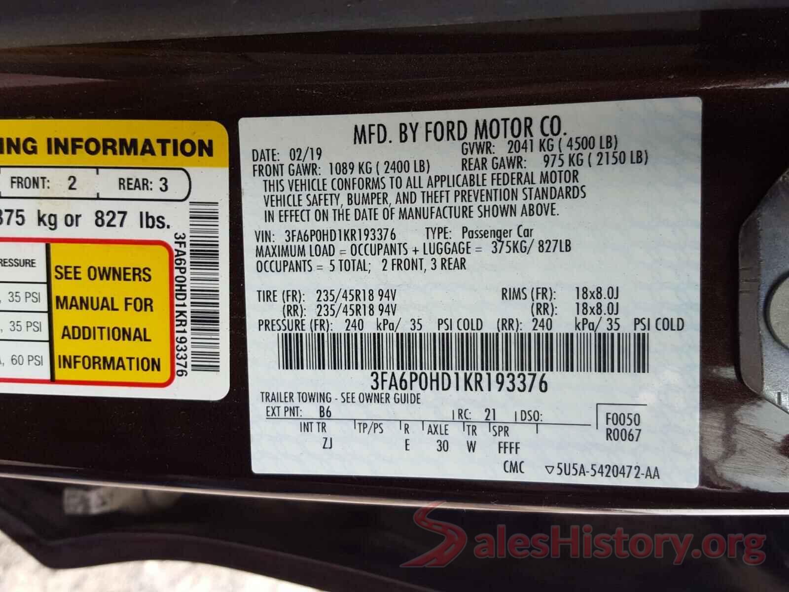 3FA6P0HD1KR193376 2019 FORD FUSION