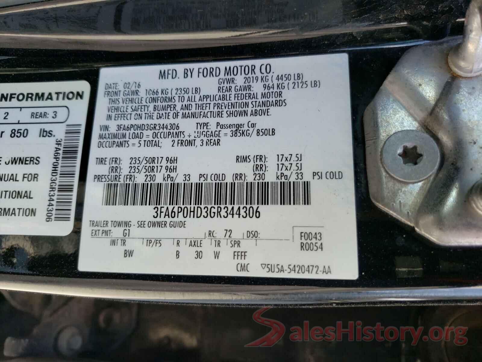 3FA6P0HD3GR344306 2016 FORD FUSION