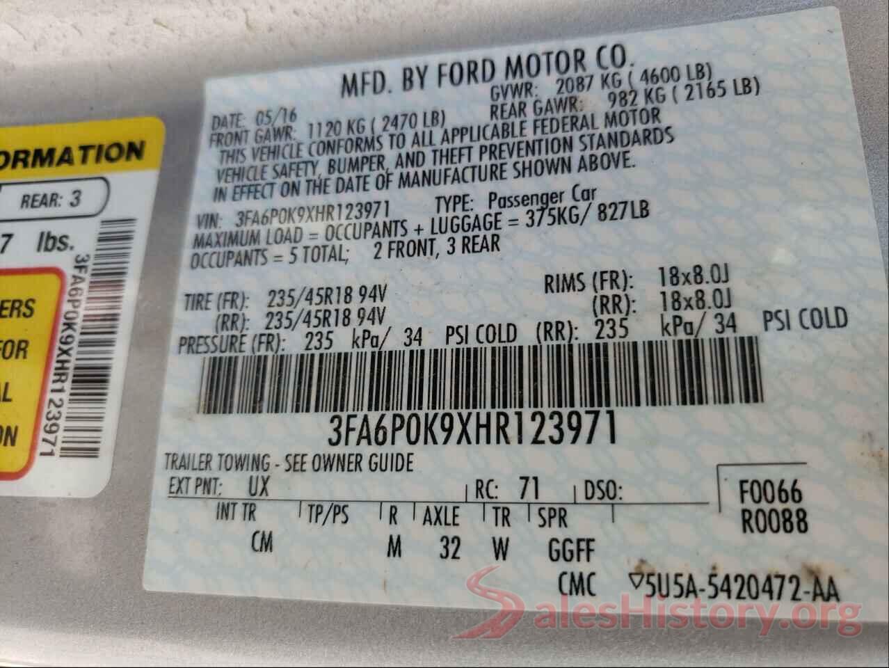 3FA6P0K9XHR123971 2017 FORD FUSION