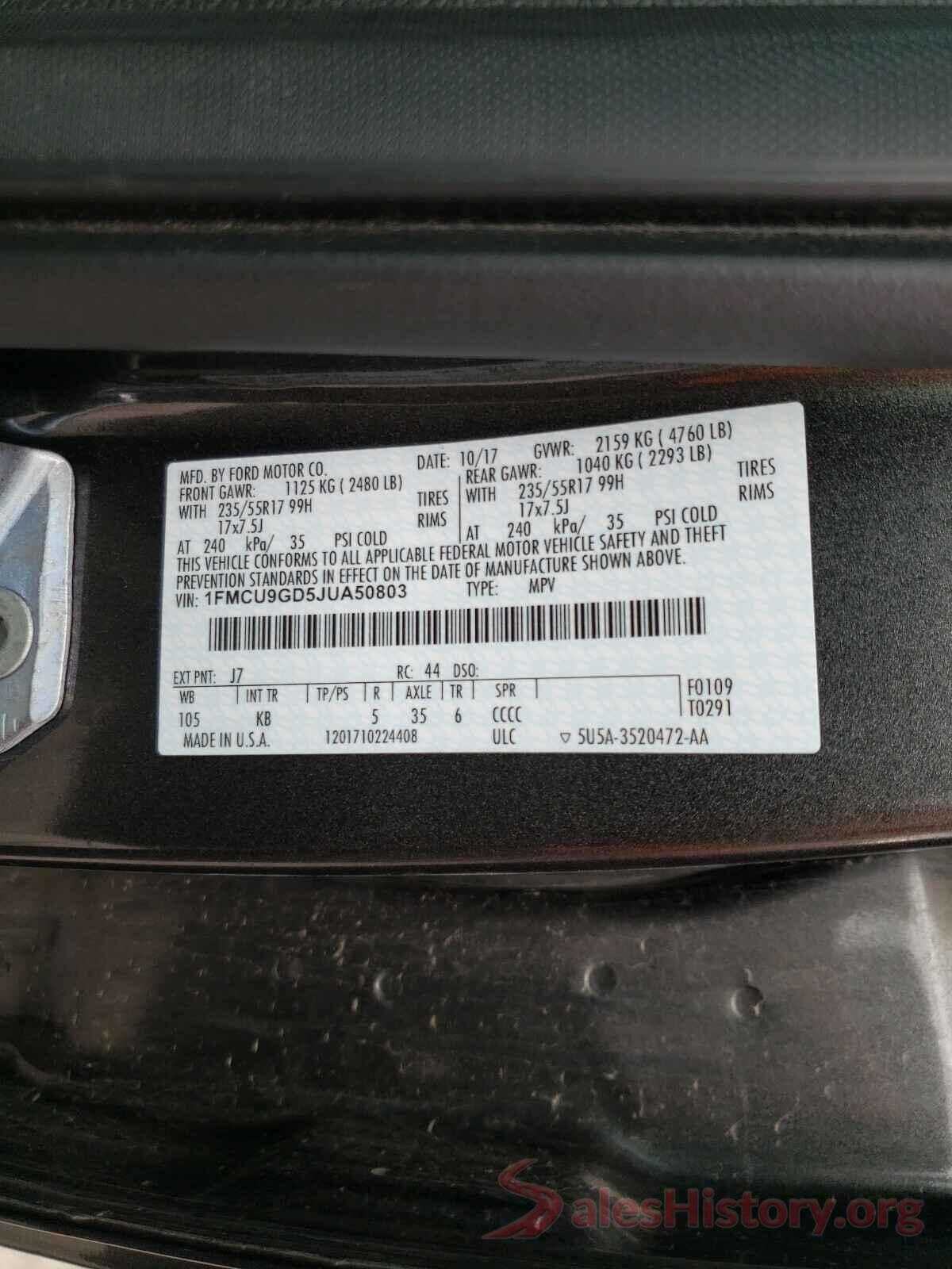 1FMCU9GD5JUA50803 2018 FORD ESCAPE