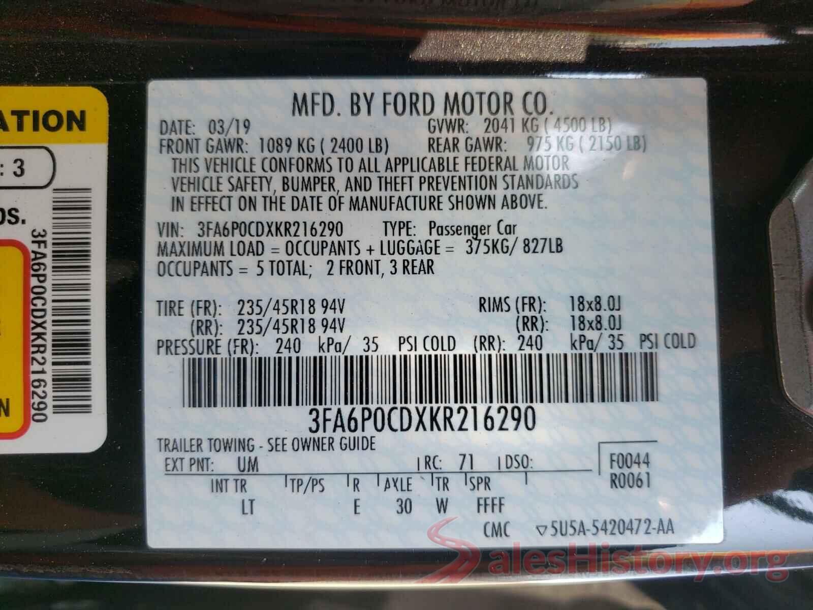 3FA6P0CDXKR216290 2019 FORD FUSION