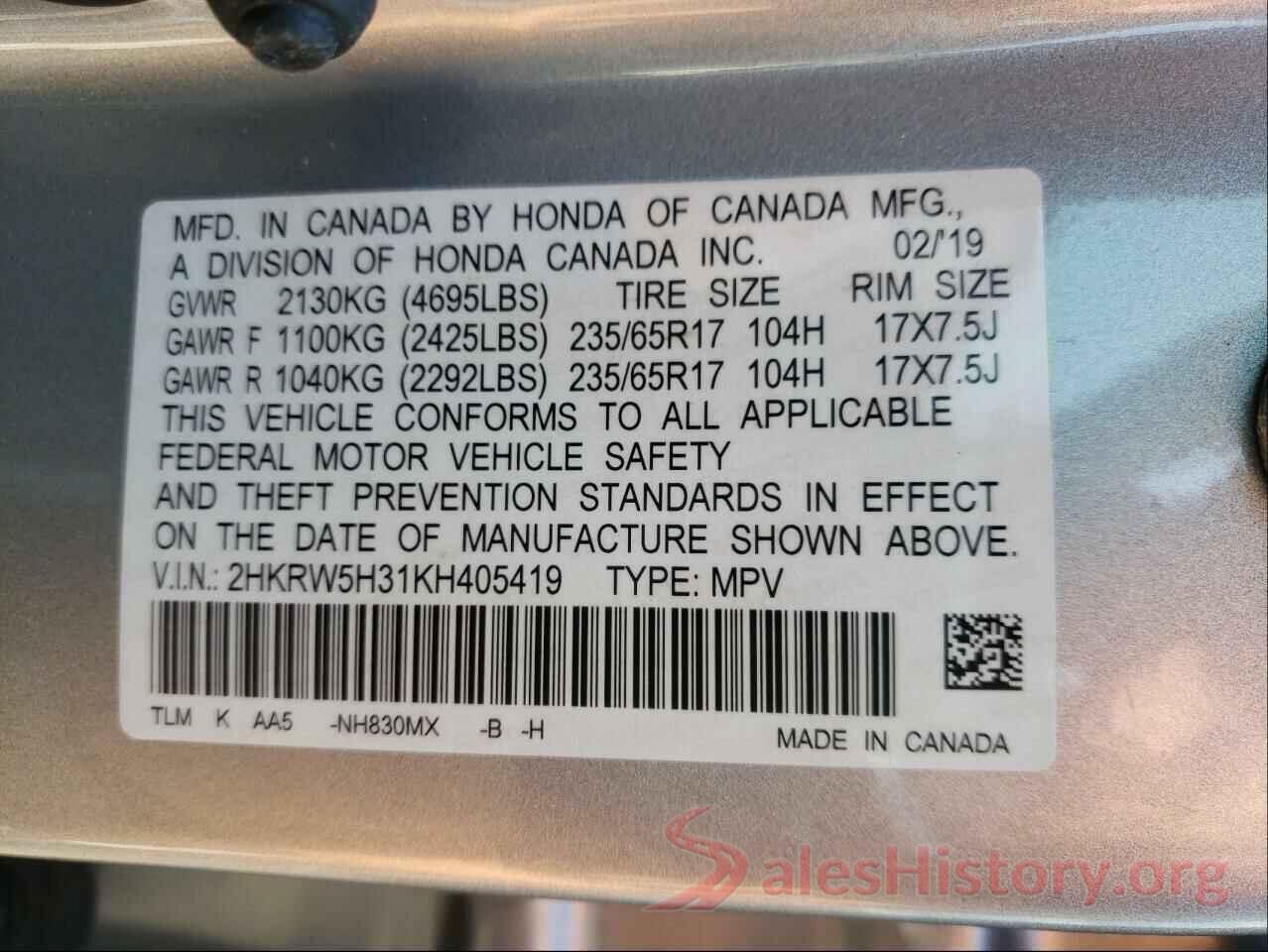 2HKRW5H31KH405419 2019 HONDA CRV