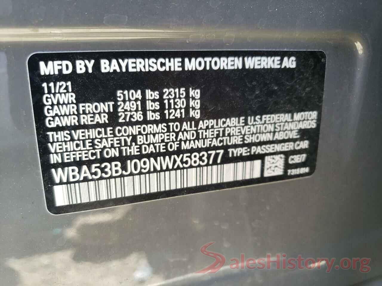 WBA53BJ09NWX58377 2022 BMW 5 SERIES