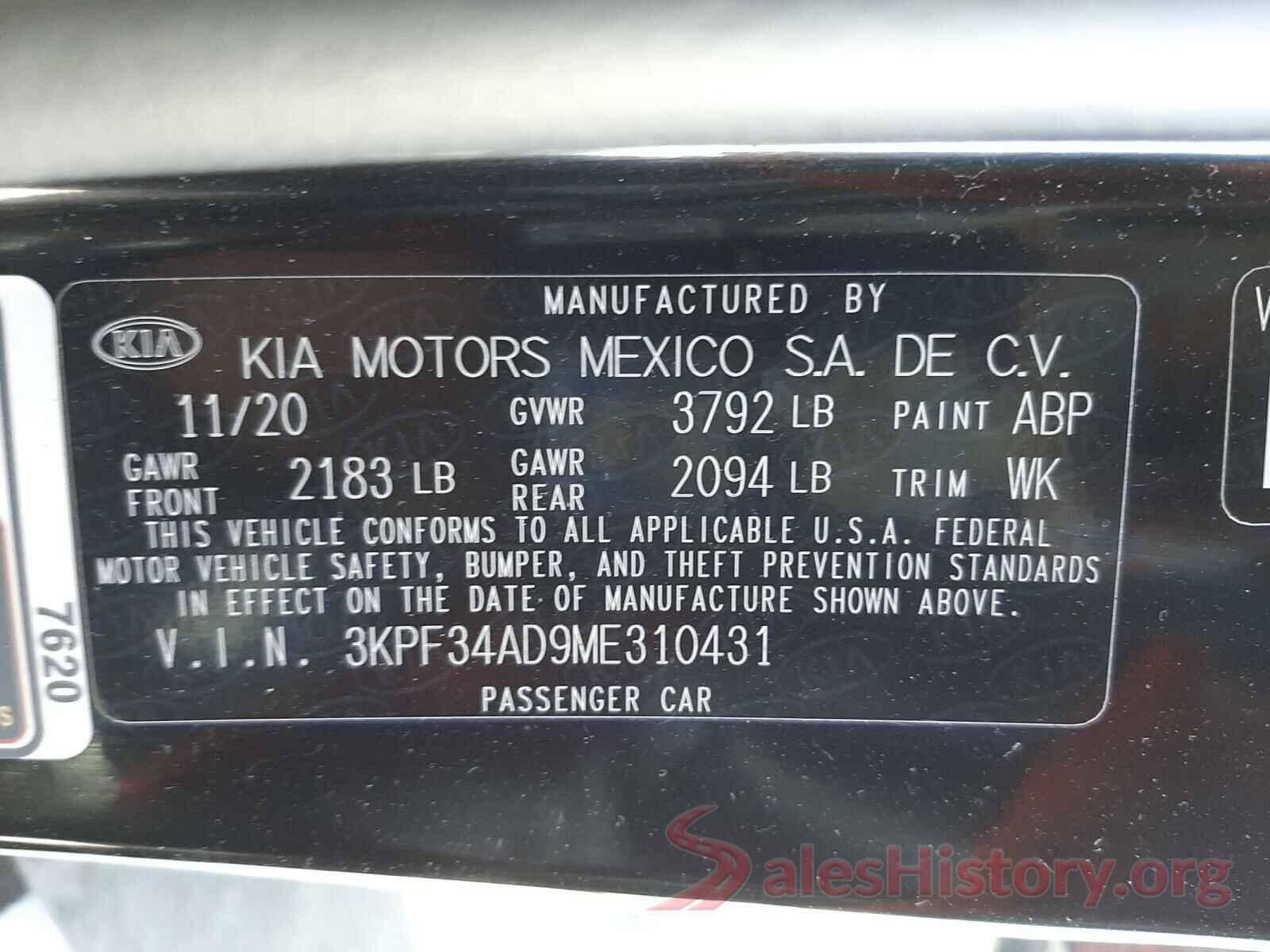 3KPF34AD9ME310431 2021 KIA FORTE