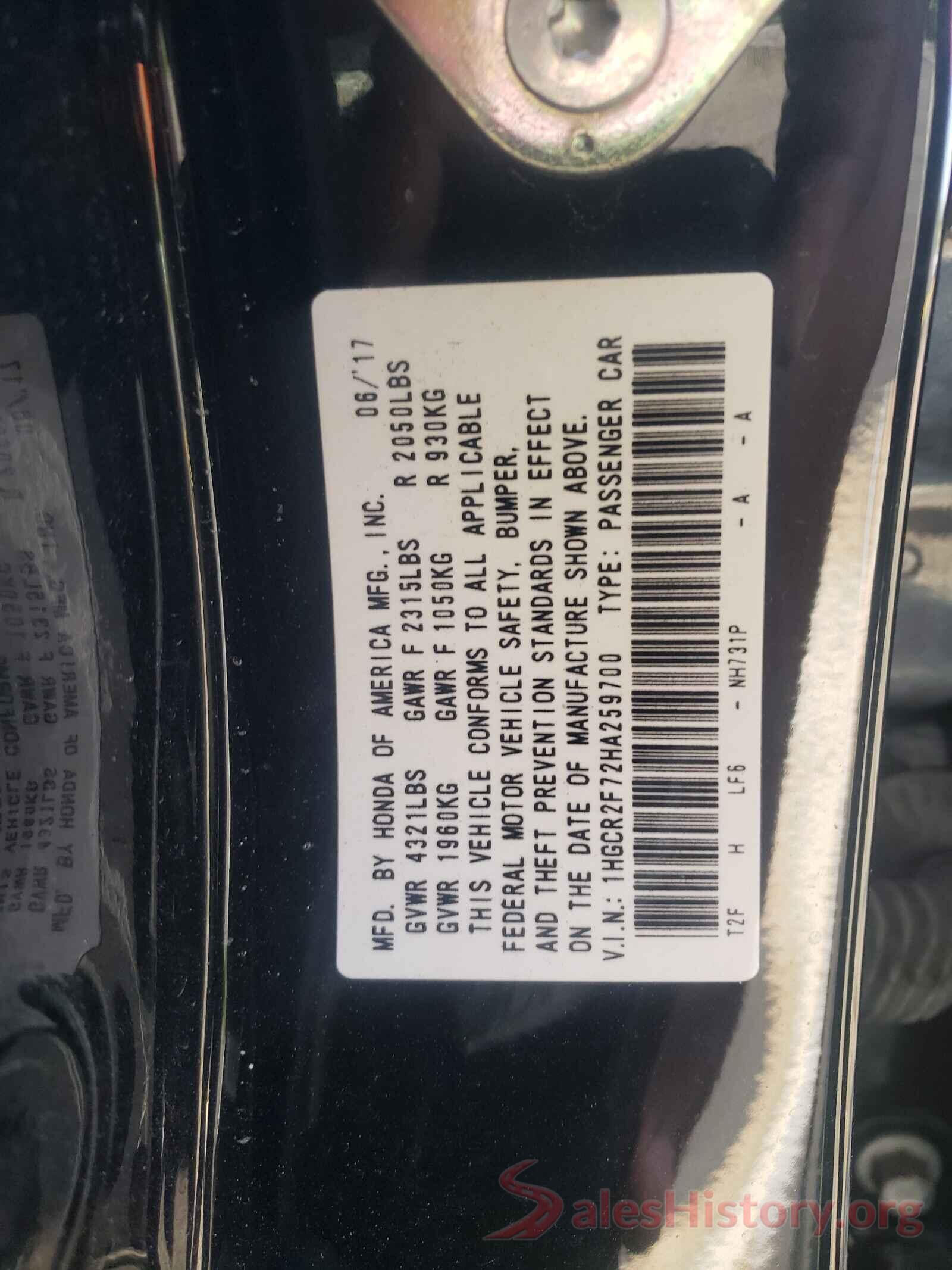 1HGCR2F72HA259700 2017 HONDA ACCORD