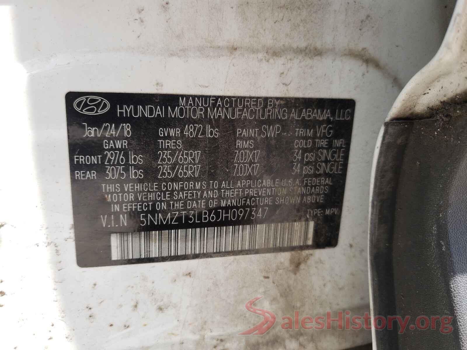 5NMZT3LB6JH097347 2018 HYUNDAI SANTA FE