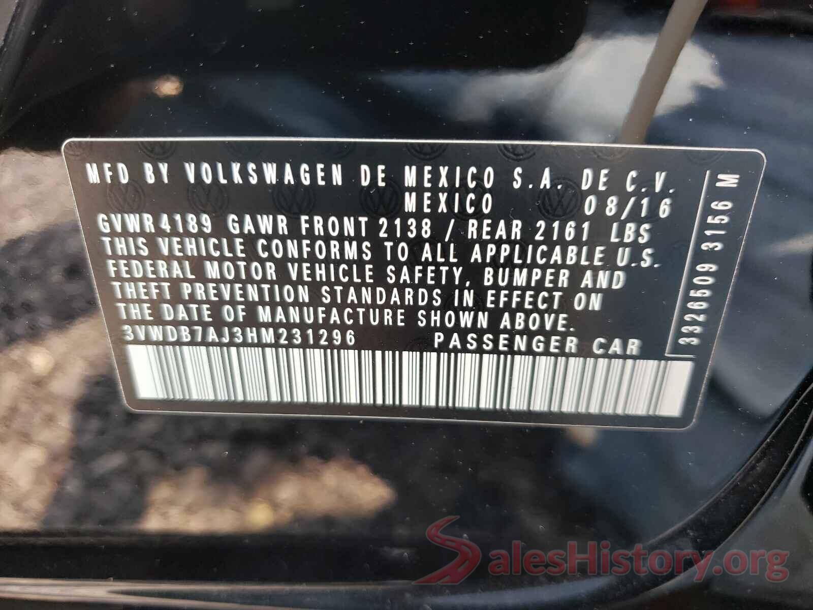 3VWDB7AJ3HM231296 2017 VOLKSWAGEN JETTA