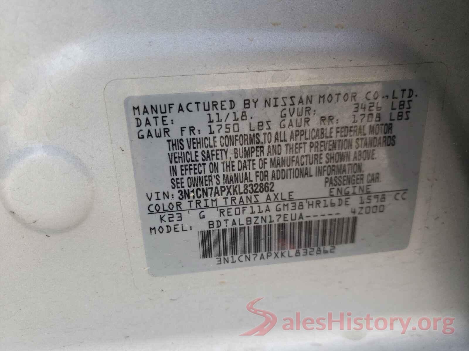 3N1CN7APXKL832862 2019 NISSAN VERSA