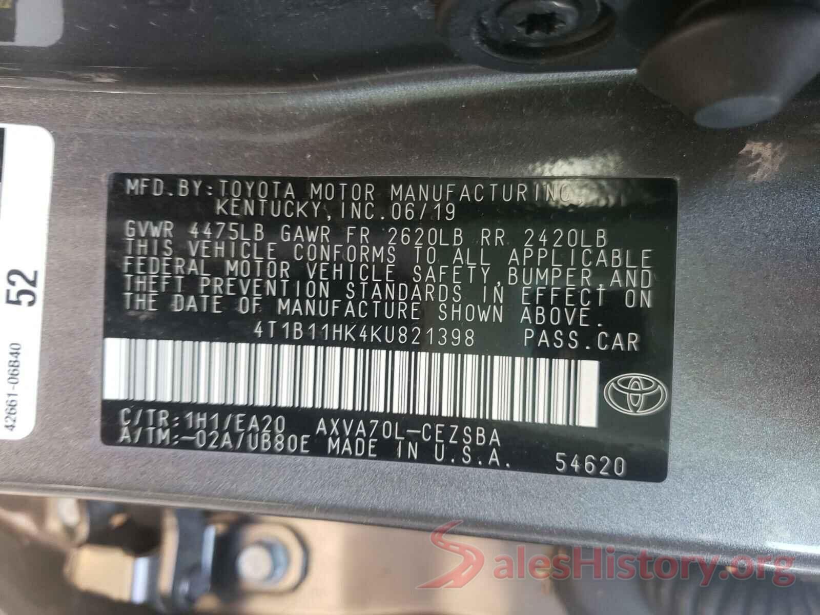 4T1B11HK4KU821398 2019 TOYOTA CAMRY