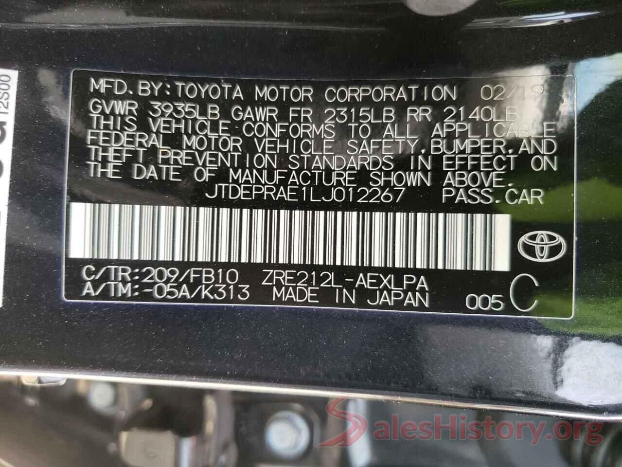 JTDEPRAE1LJ012267 2020 TOYOTA COROLLA