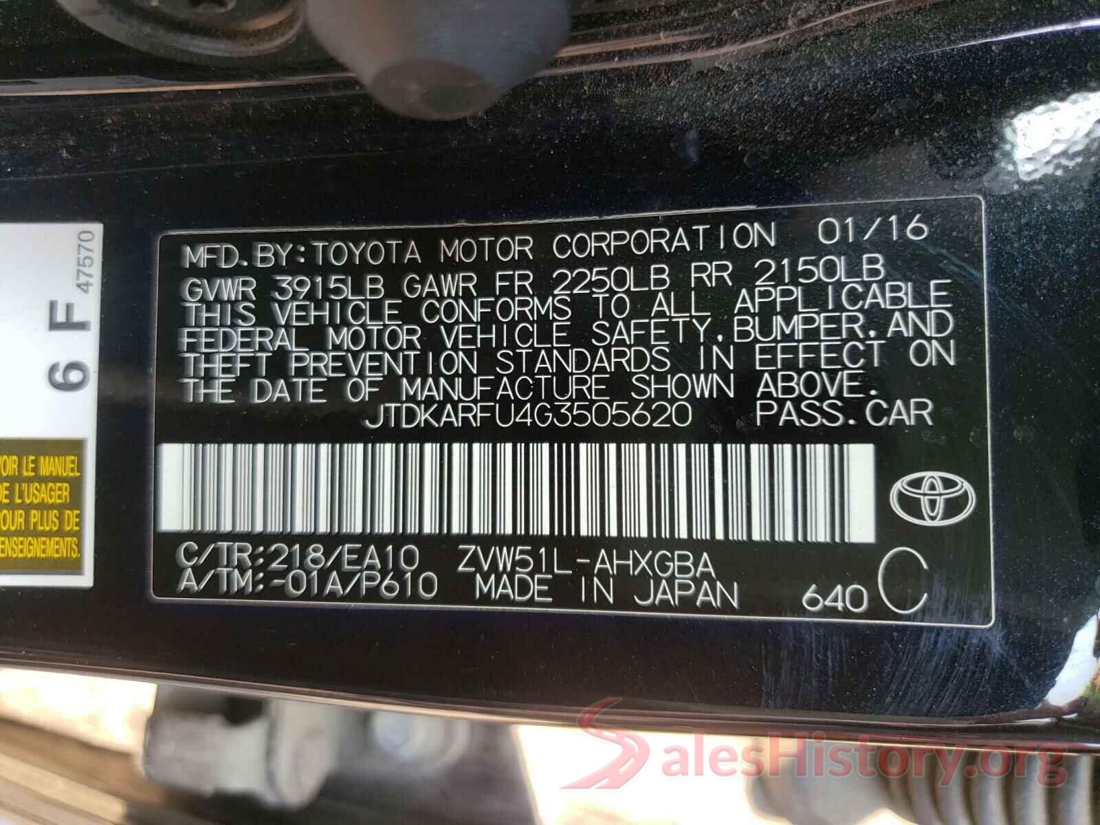 JTDKARFU4G3505620 2016 TOYOTA PRIUS