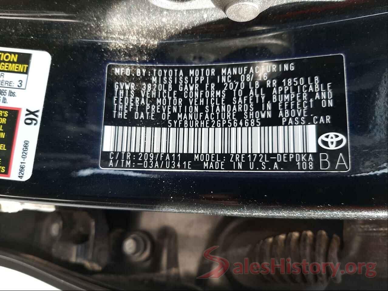 5YFBURHE2GP564685 2016 TOYOTA COROLLA