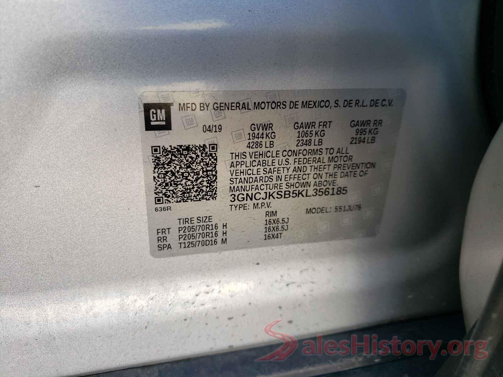 3GNCJKSB5KL356185 2019 CHEVROLET TRAX