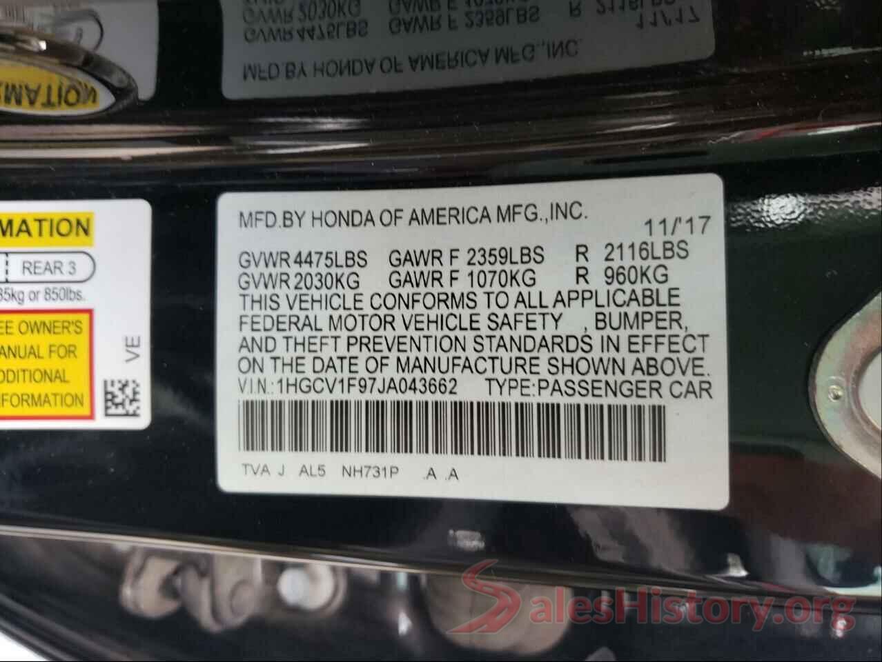 1HGCV1F97JA043662 2018 HONDA ACCORD