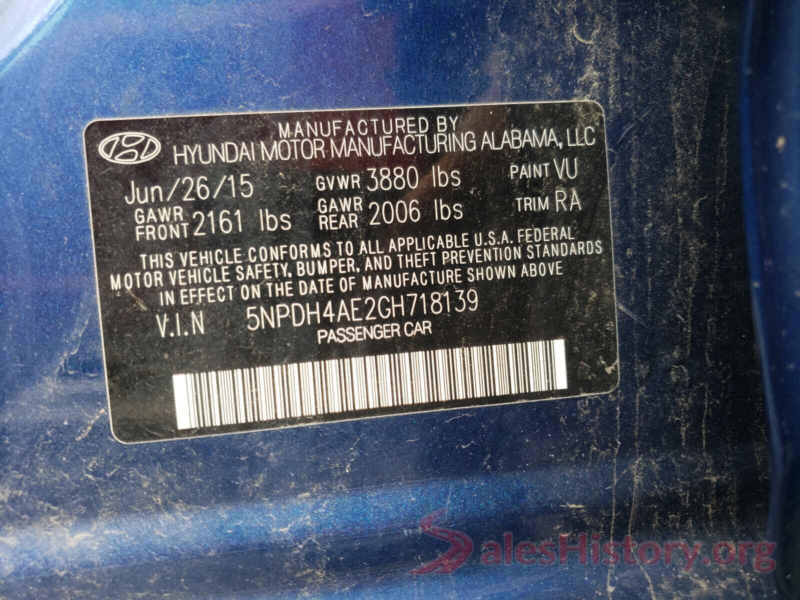 5NPDH4AE2GH718139 2016 HYUNDAI ELANTRA