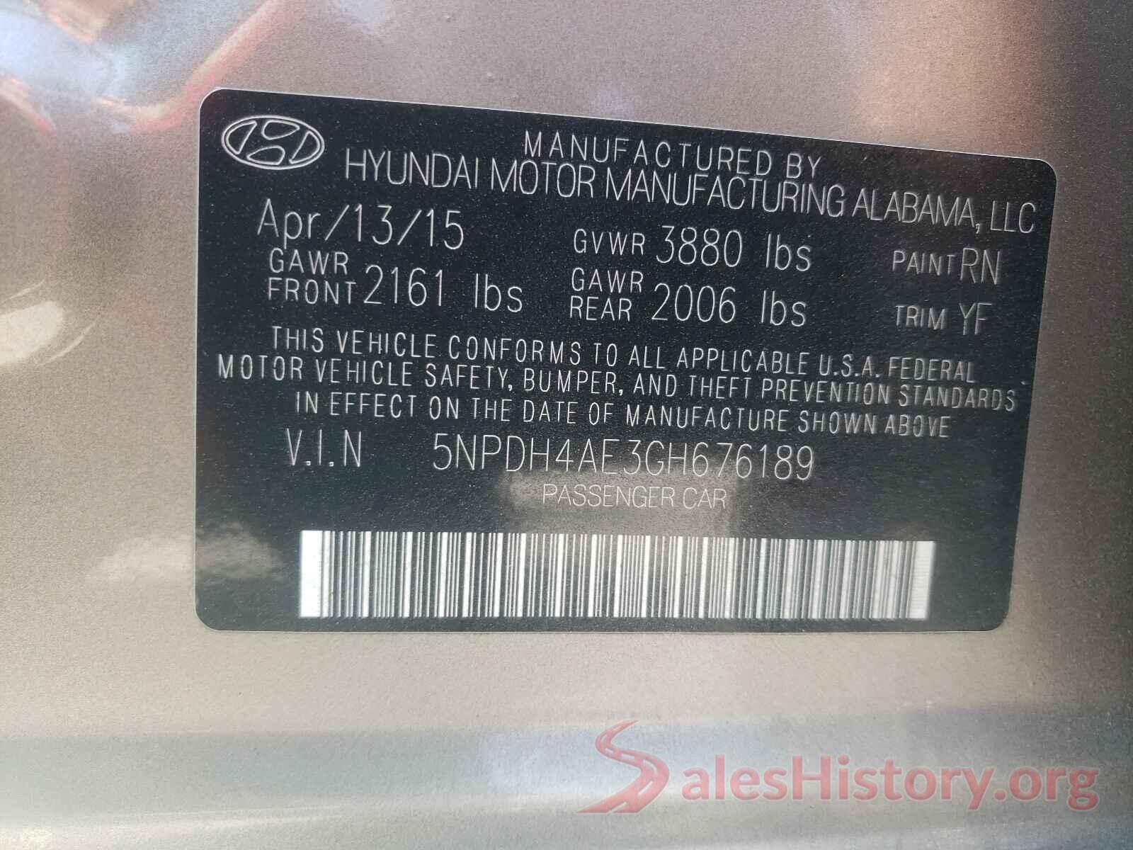 5NPDH4AE3GH676189 2016 HYUNDAI ELANTRA