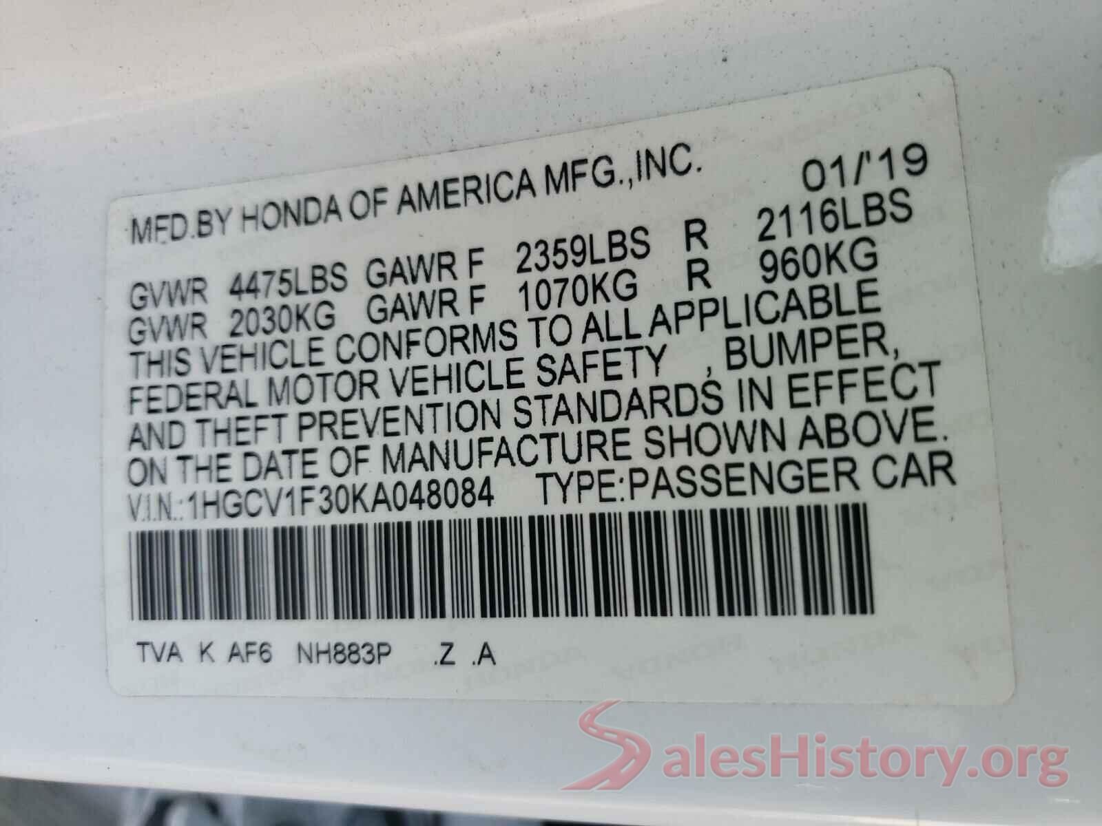 1HGCV1F30KA048084 2019 HONDA ACCORD