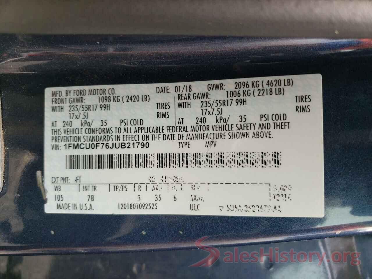 1FMCU0F76JUB21790 2018 FORD ESCAPE