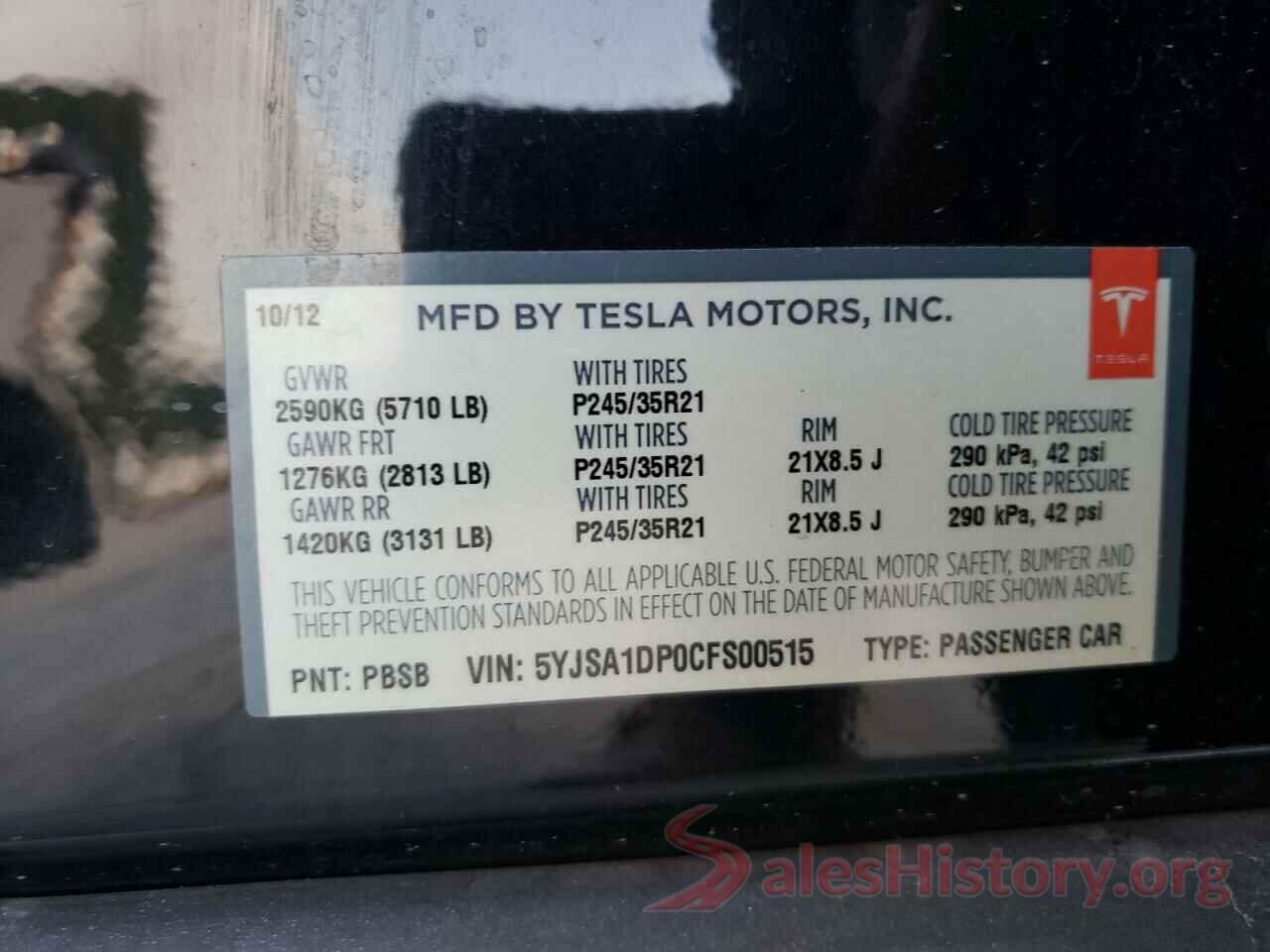 5YJSA1DP0CFS00515 2012 TESLA MODEL S