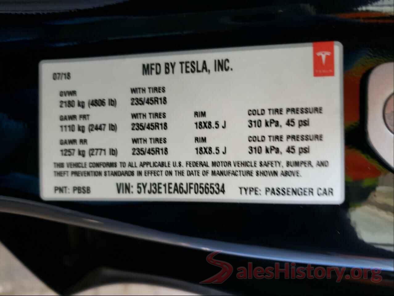 5YJ3E1EA6JF056534 2018 TESLA MODEL 3