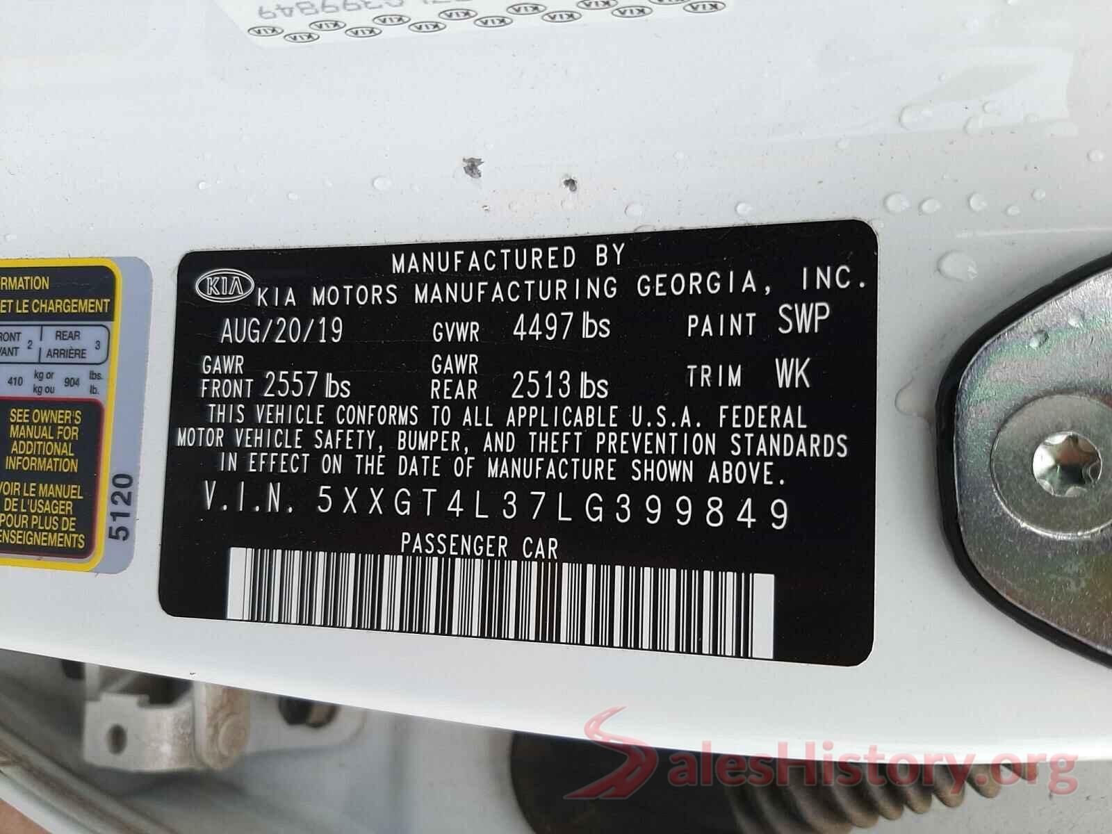 5XXGT4L37LG399849 2020 KIA OPTIMA