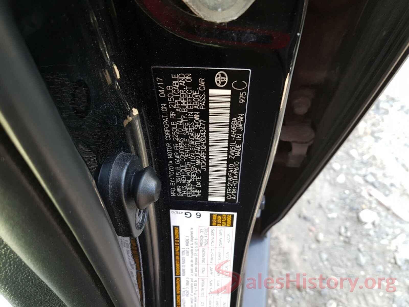 JTDKARFU2H3043477 2017 TOYOTA PRIUS