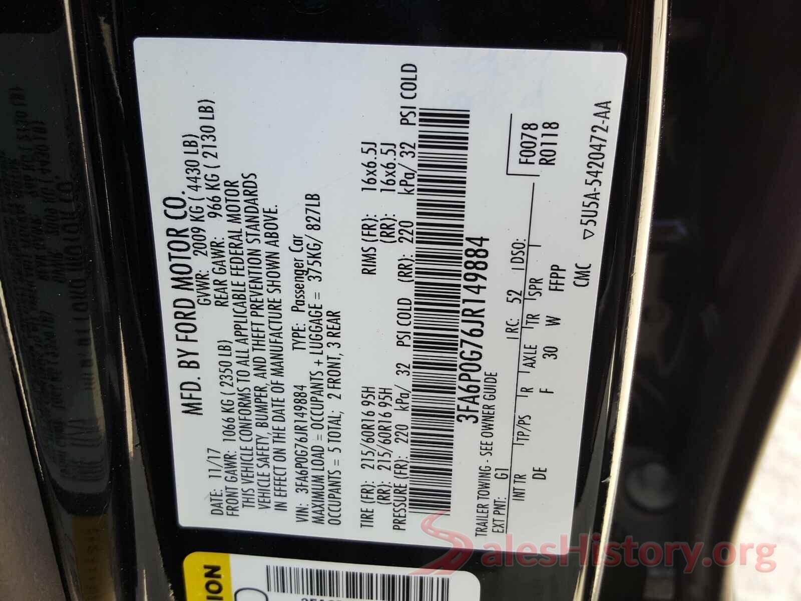 3FA6P0G76JR149884 2018 FORD FUSION