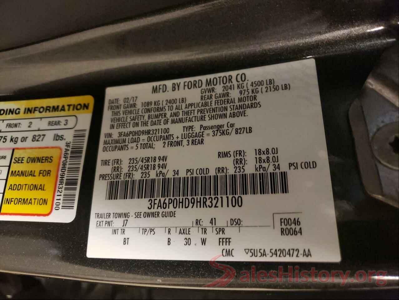 3FA6P0HD9HR321100 2017 FORD FUSION