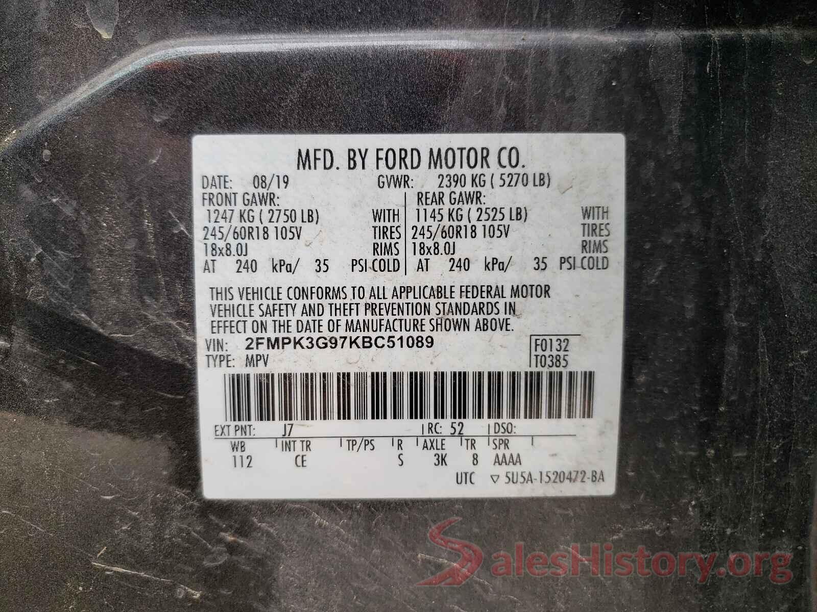 2FMPK3G97KBC51089 2019 FORD EDGE