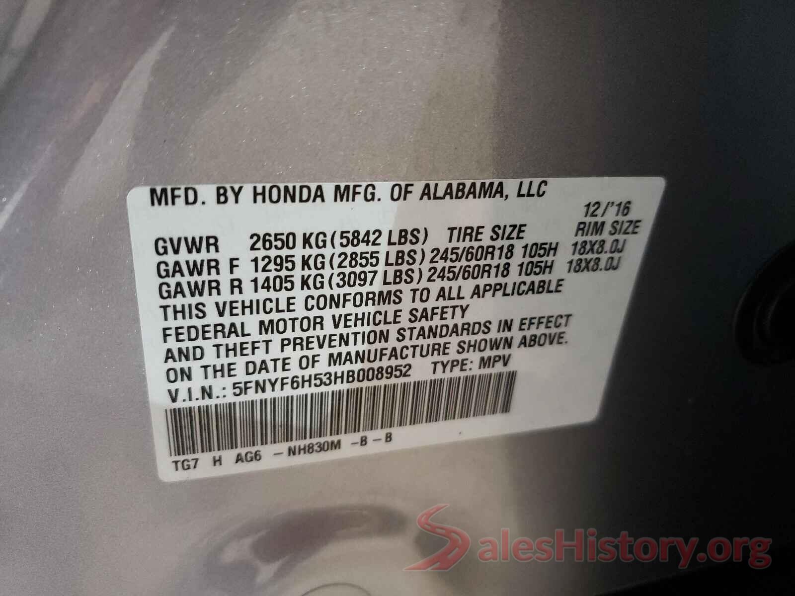 5FNYF6H53HB008952 2017 HONDA PILOT