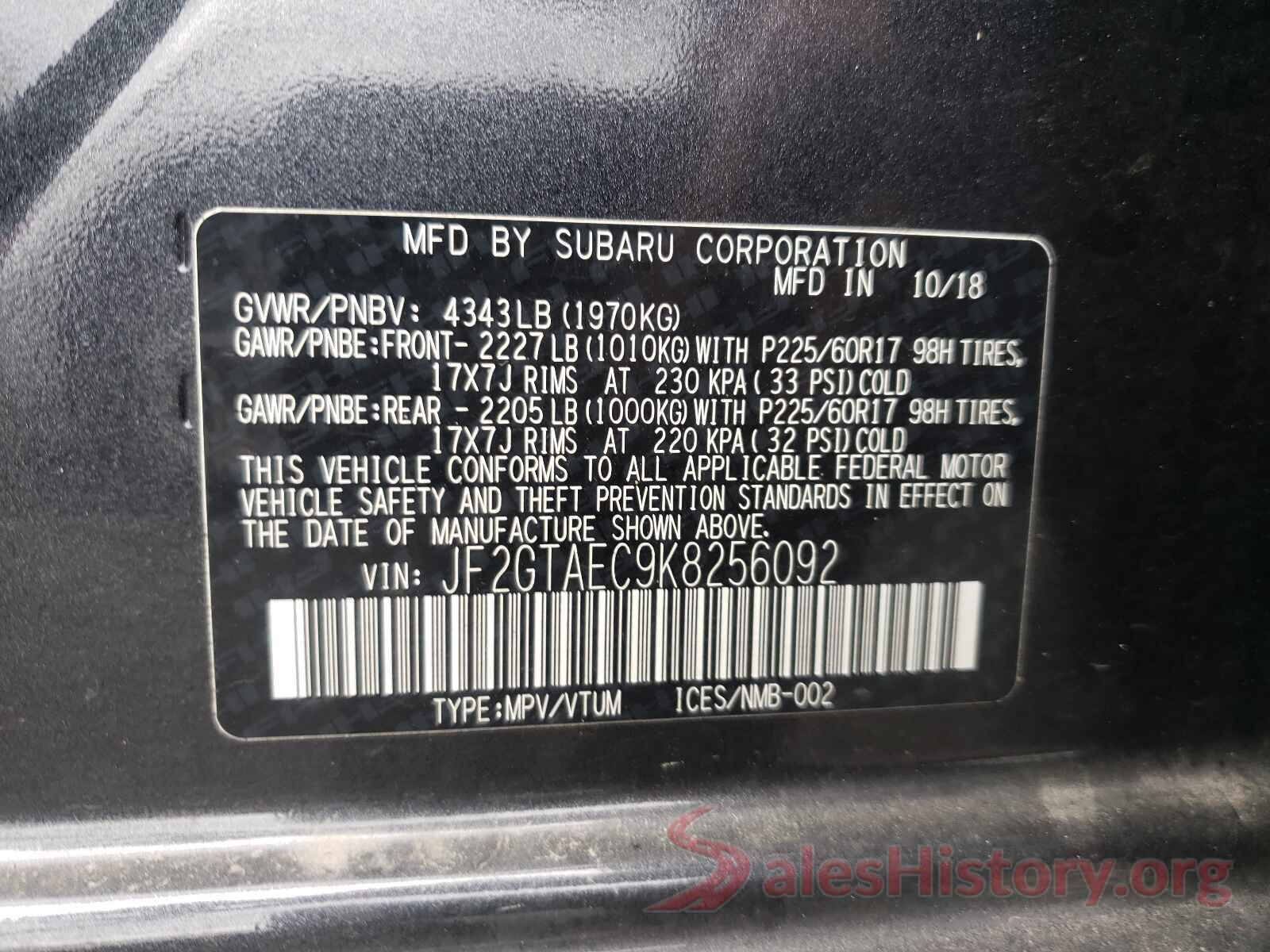 JF2GTAEC9K8256092 2019 SUBARU CROSSTREK