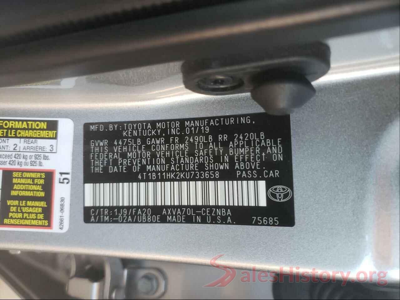 4T1B11HK2KU733658 2019 TOYOTA CAMRY