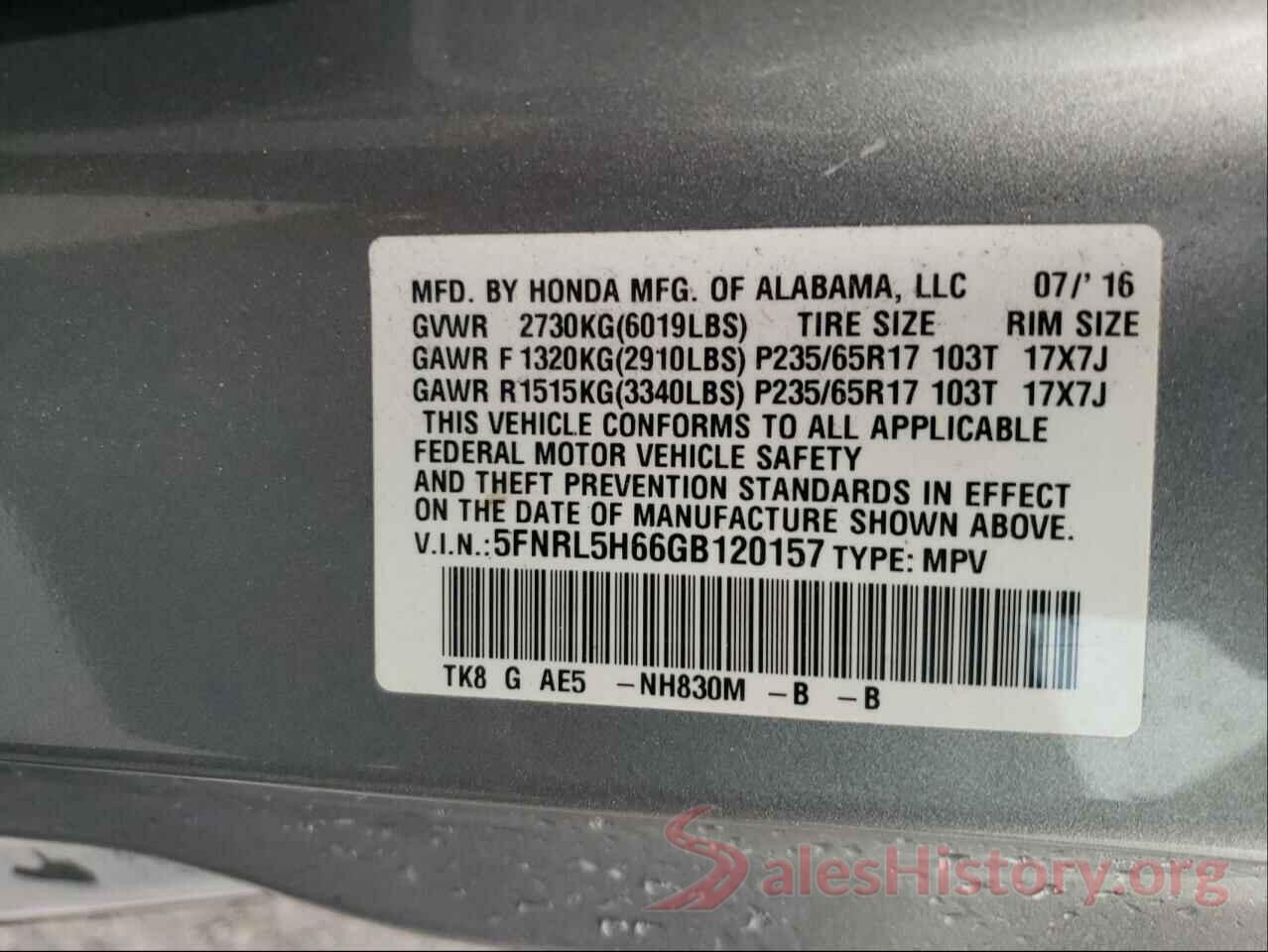 5FNRL5H66GB120157 2016 HONDA ODYSSEY