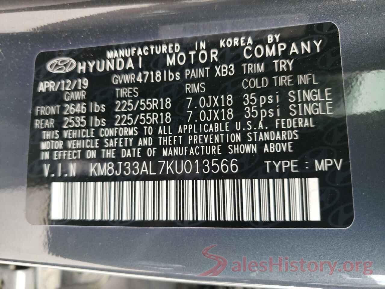 KM8J33AL7KU013566 2019 HYUNDAI TUCSON