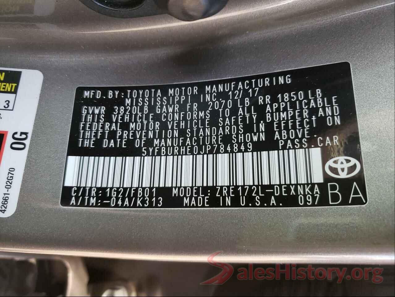 5YFBURHE0JP784849 2018 TOYOTA COROLLA