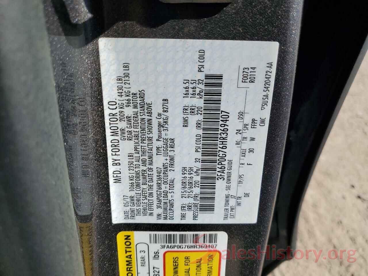 3FA6P0G76HR369407 2017 FORD FUSION