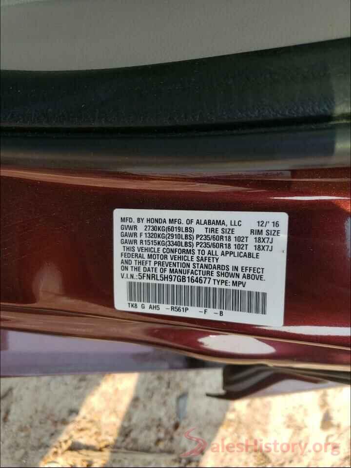 5FNRL5H97GB164677 2016 HONDA ODYSSEY